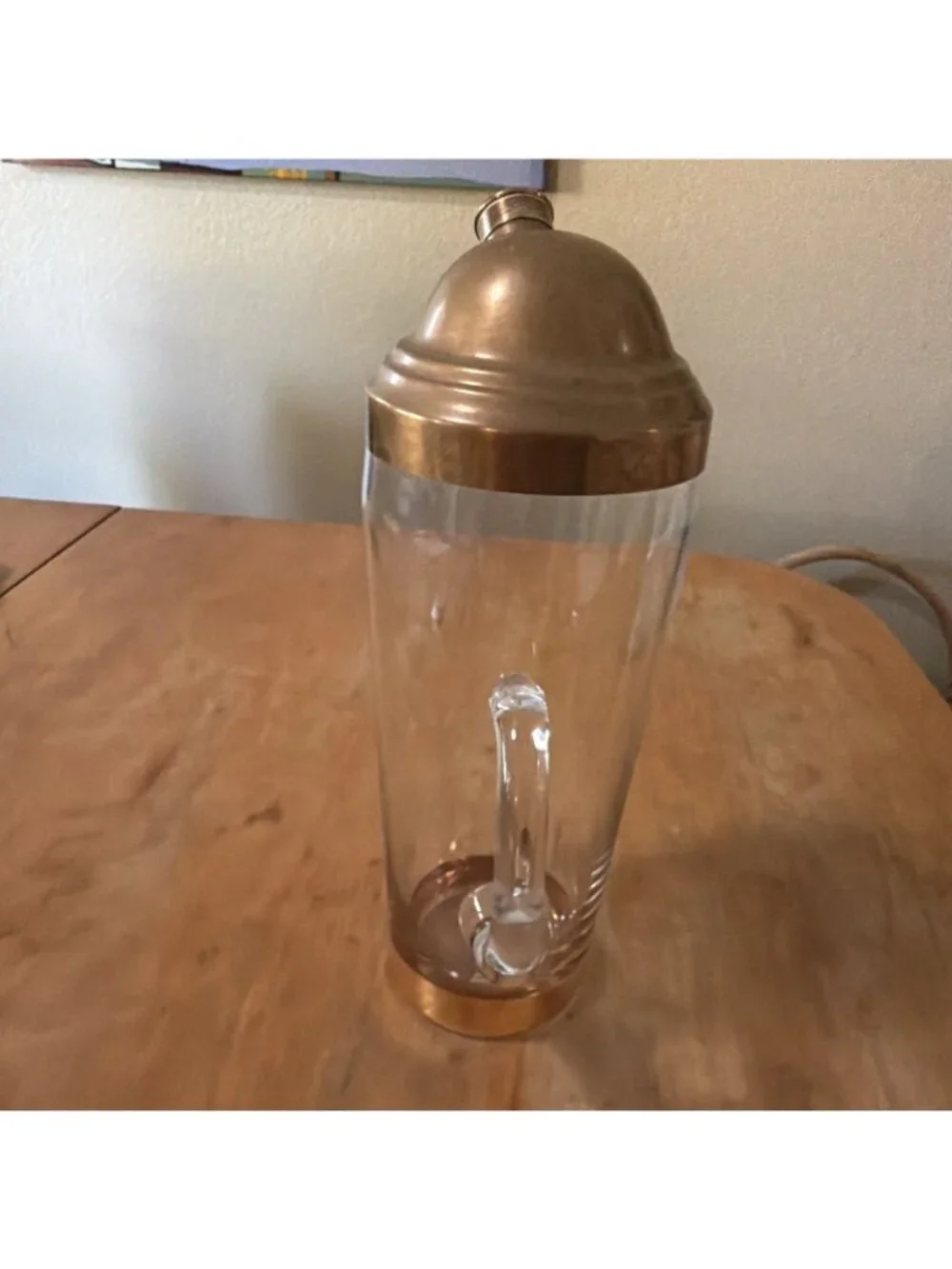 Art Deco Mid Century Cocktail Shaker With Applied Handle and Gold Trim